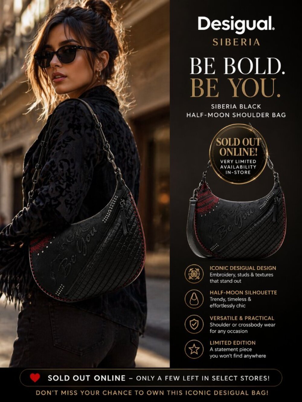 Desigual Siberia Black Half Moon Shoulder Bag Studded Embroidered Crossbody $310